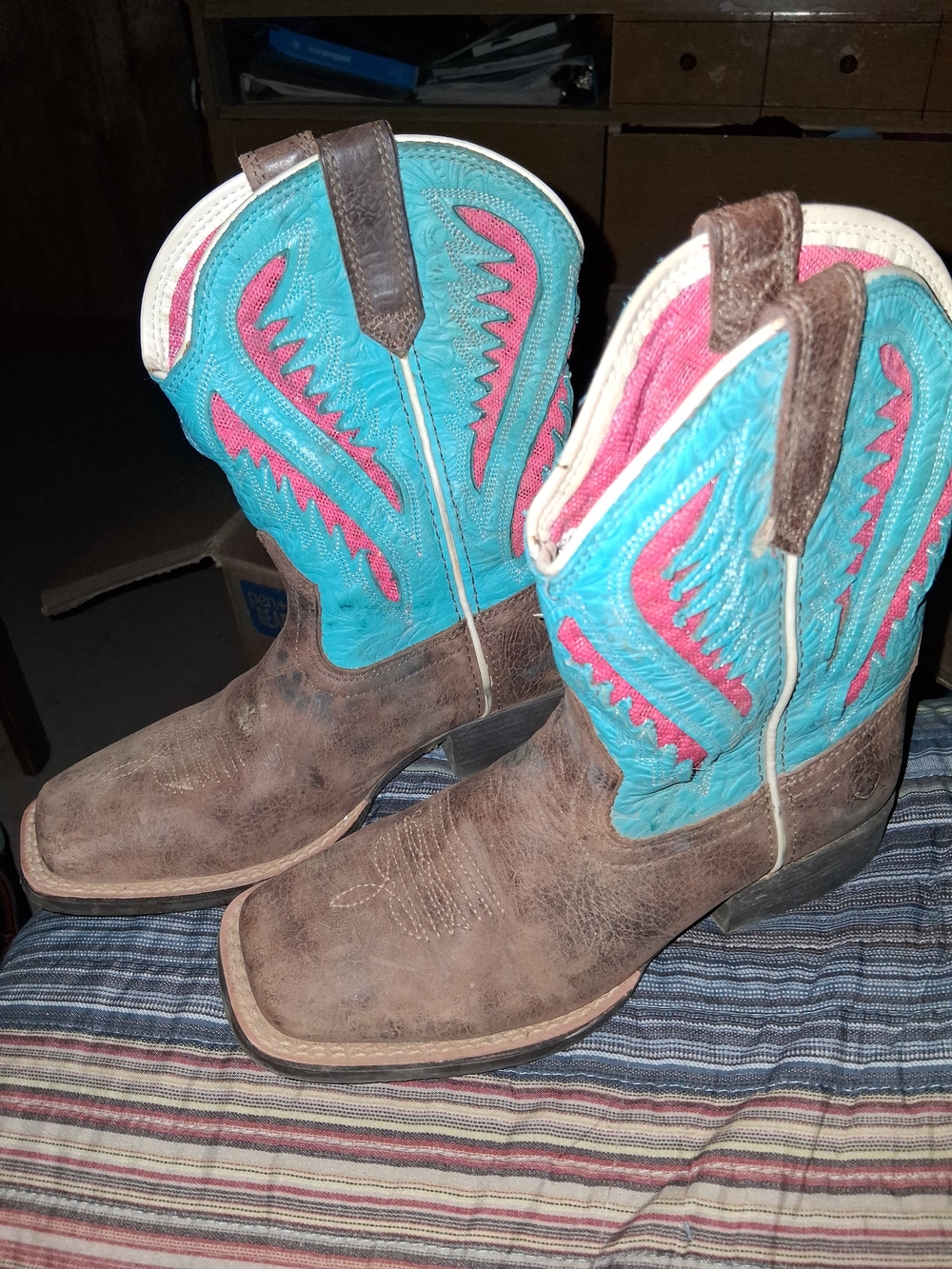 Ariat Brown Leather Kids Western Boots with Turquoise and Pink Shaft